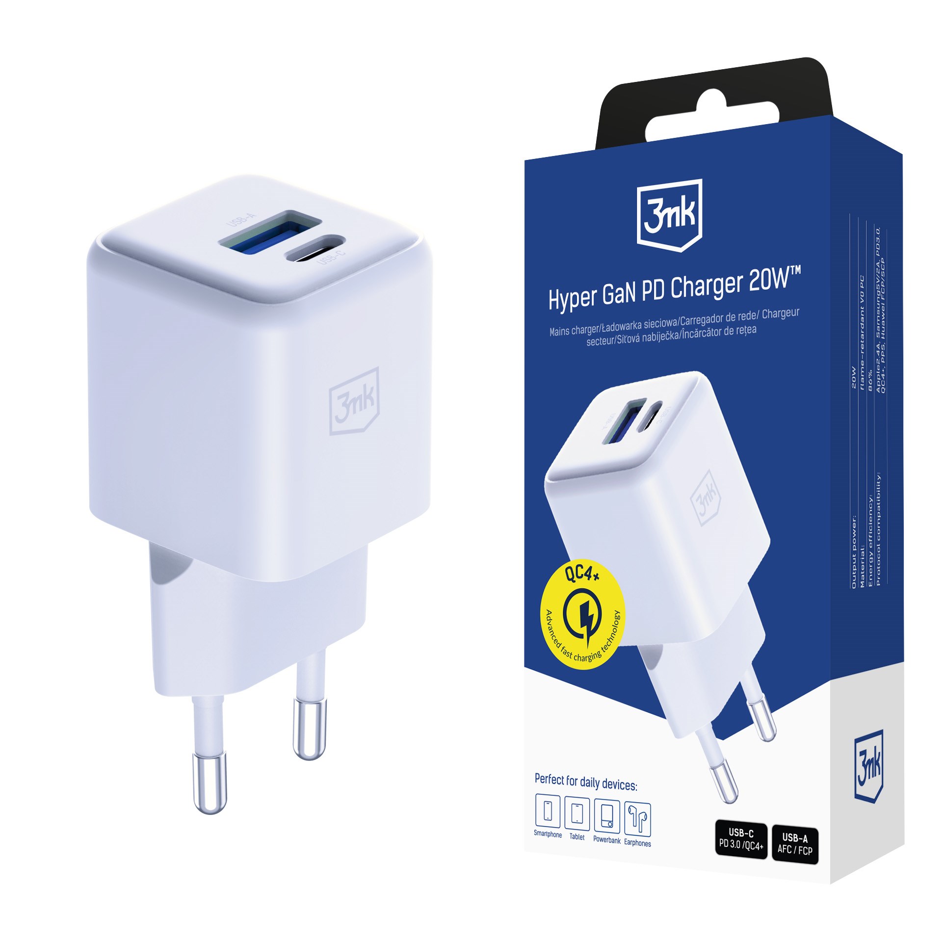 3mk síťová nabíječka Hyper GaN Charger 20W, bílá