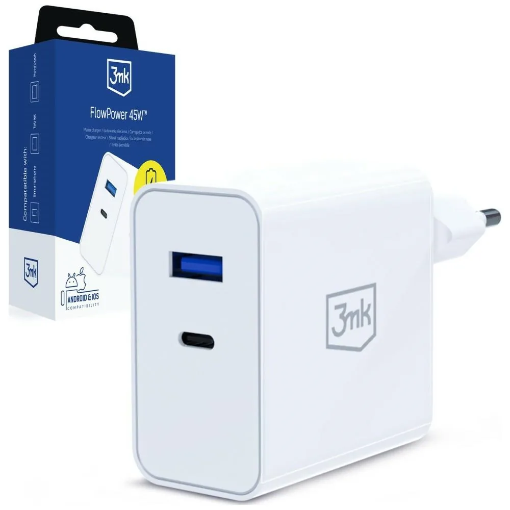 Síťová nabíječka 3MK FlowPower USB-A, USB-C 45W PD 3.0 QC4+ white