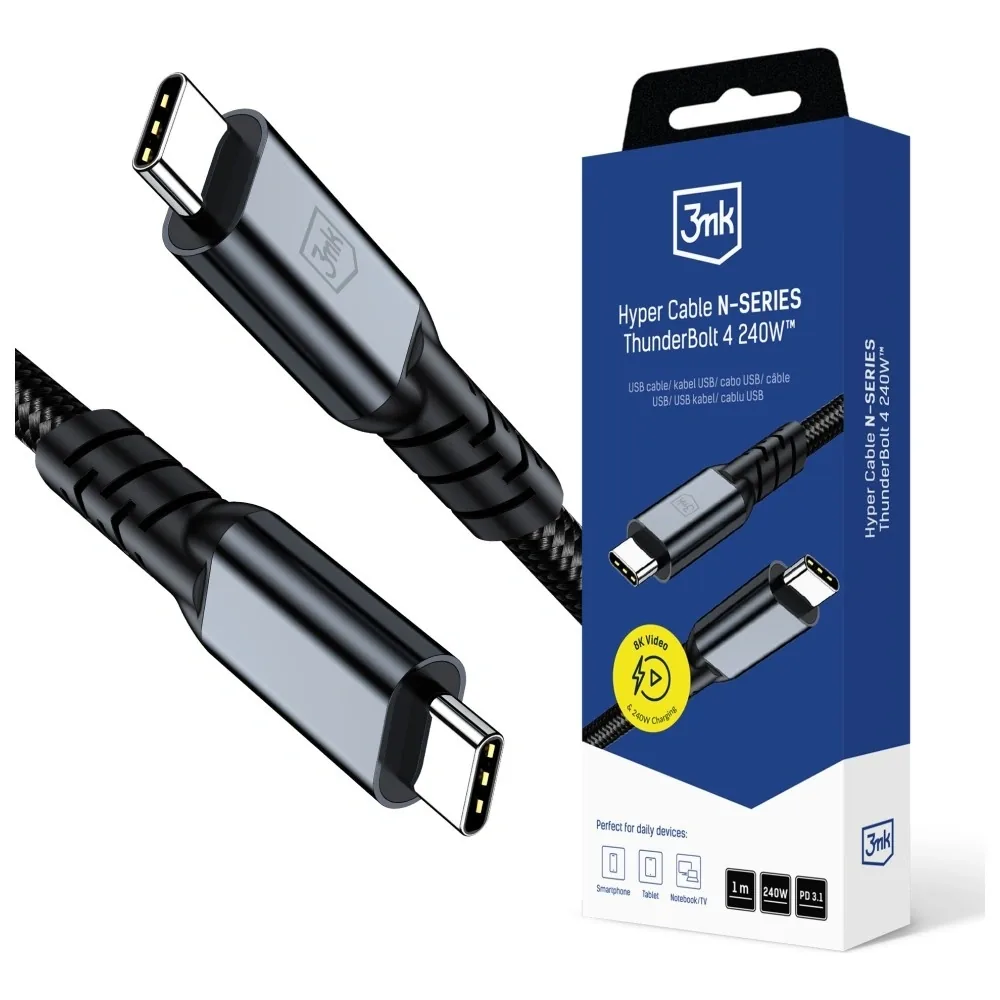 3MK Hyper Cable N-SERIES USB-C Thunderbolt 4 1m 48V/5A 40Gb/s 240W 8K60Hz black