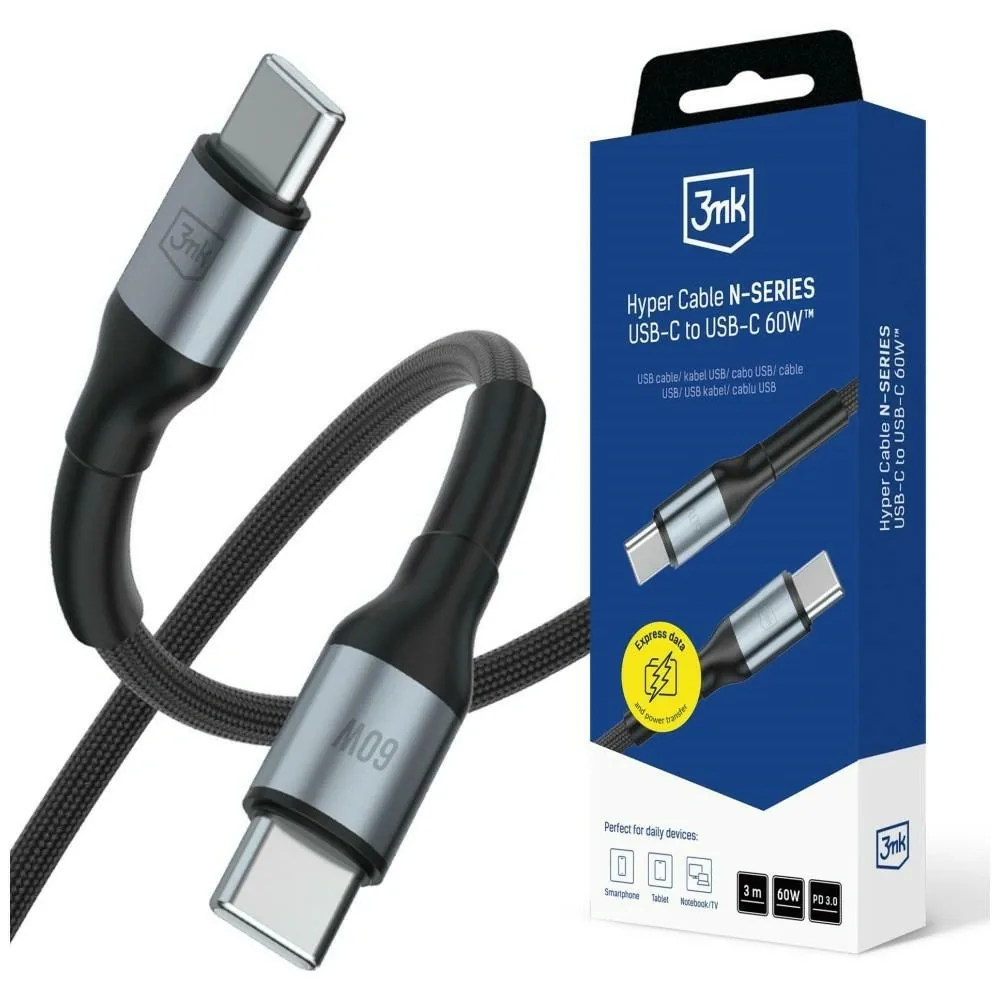 3MK Hyper Cable N-SERIES USB-C / USB-C 3m PD 3.0 QC 3.0 20V/3A 60W black