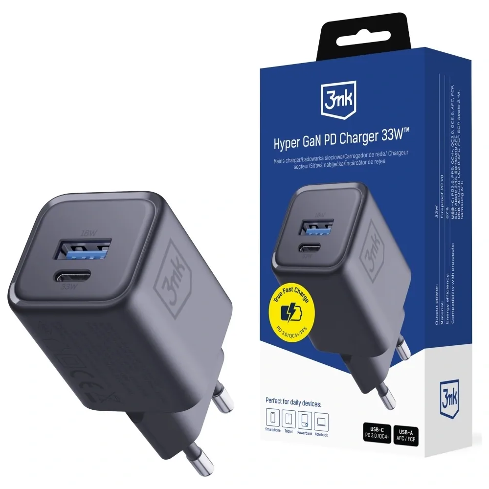 Síťová nabíječka 3MK Hyper Charger PD 33W GaN QC4+ PPS AFC FCP SCP USB-A + USB-C black