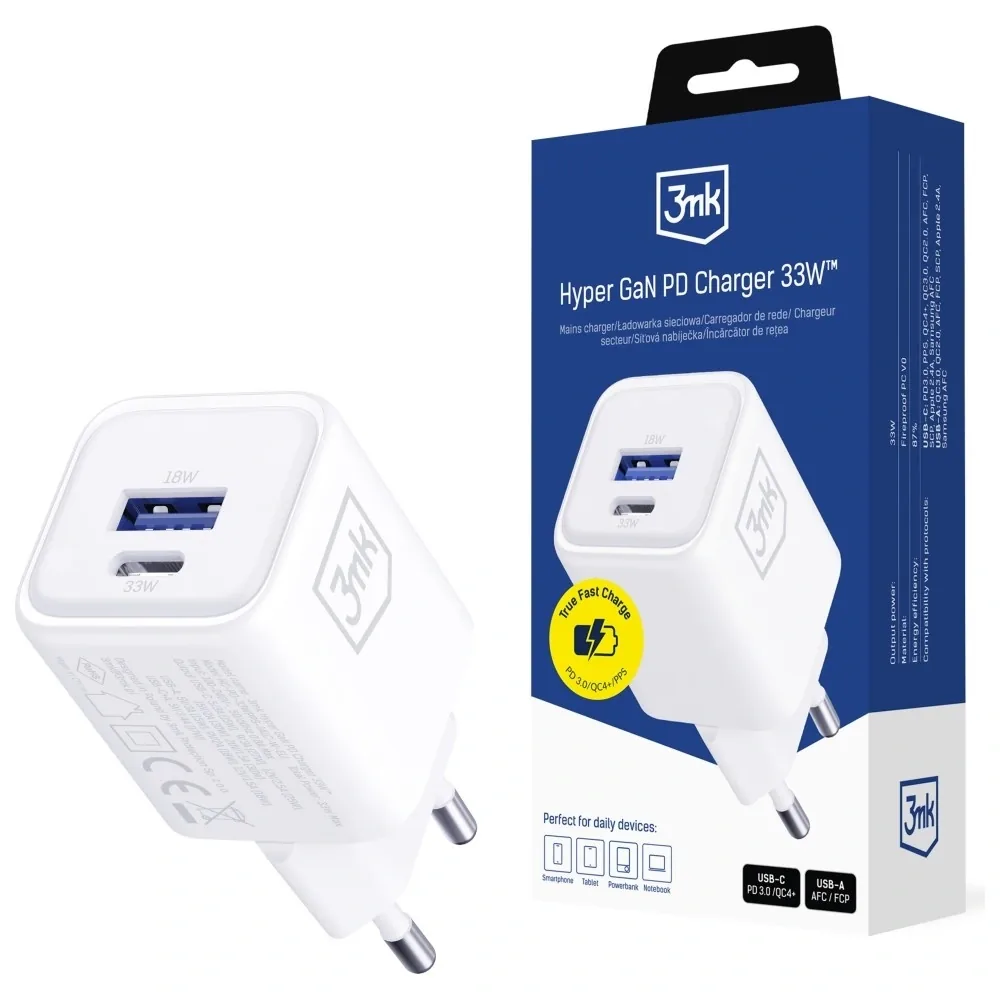 Síťová nabíječka 3MK Hyper Charger PD 33W GaN QC4+ PPS AFC FCP SCP USB-A + USB-C white