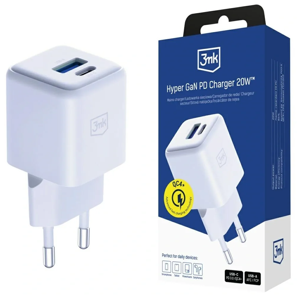 Síťová nabíječka 3MK Hyper GaN Charger 20W USB-A, USB-C PD QC4+ white