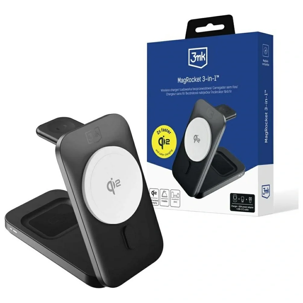 Bezdrátová nabíječka 3MK MagRocket 3-in-1 15W Qi2 MPP Black Wireless Charger