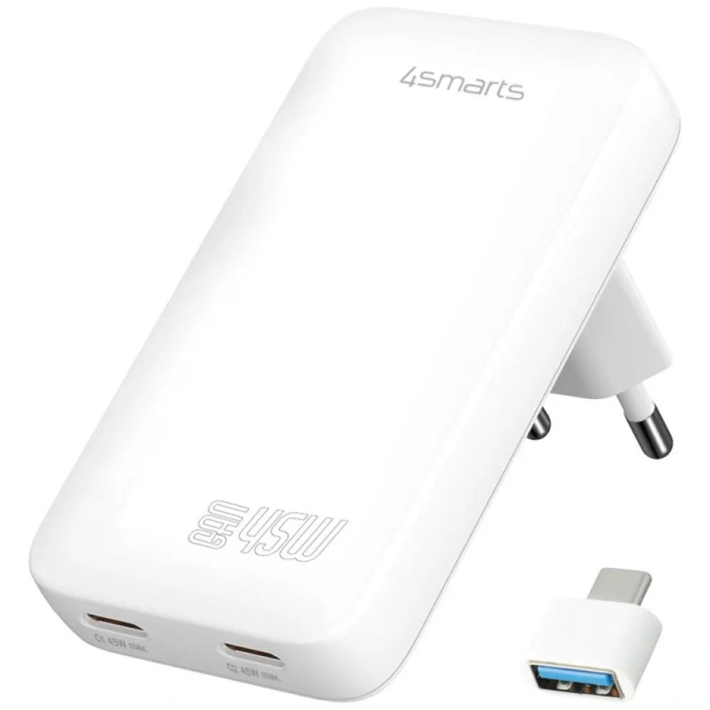 Síťová nabíječka 4smarts FlatPlug Slim Dual 45W GaN 2xUSB-C power charger white