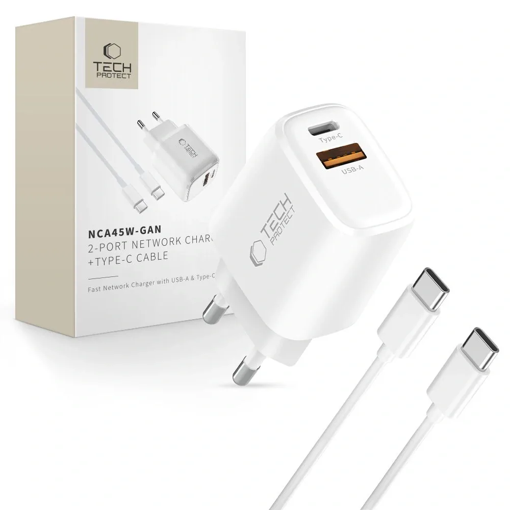Síťová nabíječka Tech-Protect NCA45W-GAN USB-A, USB-C Network Charger PD 45W / QC3.0 + USB-C Cable White
