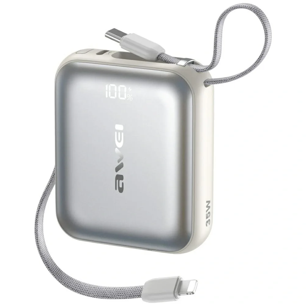 Awei AS-181 Power Bank 10000mAh 35W USB-C + Lightning / USB-C Cables Silver