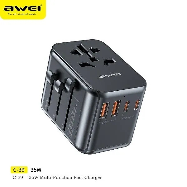 Síťová nabíječka AWEI C-39 travel charger 2xUSB-A, 3xUSB-C 35W US/AU/EU/UK black
