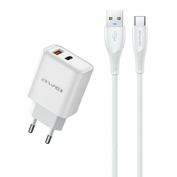 Síťová nabíječka AWEI PD81T-EU GaN 22.5W  + USB-A / USB-C Cable White