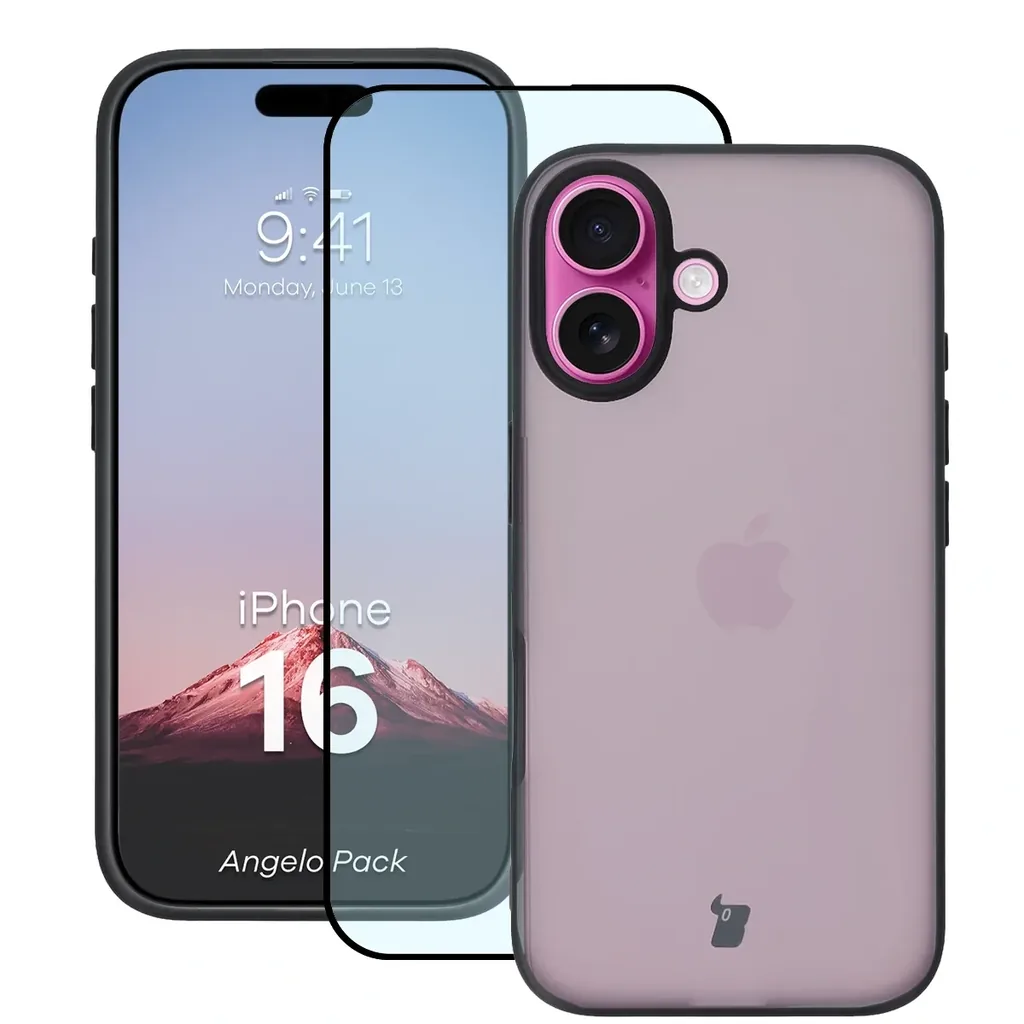 Kryt Bizon Angelo Pack Apple iPhone 16, smoked with a black frame