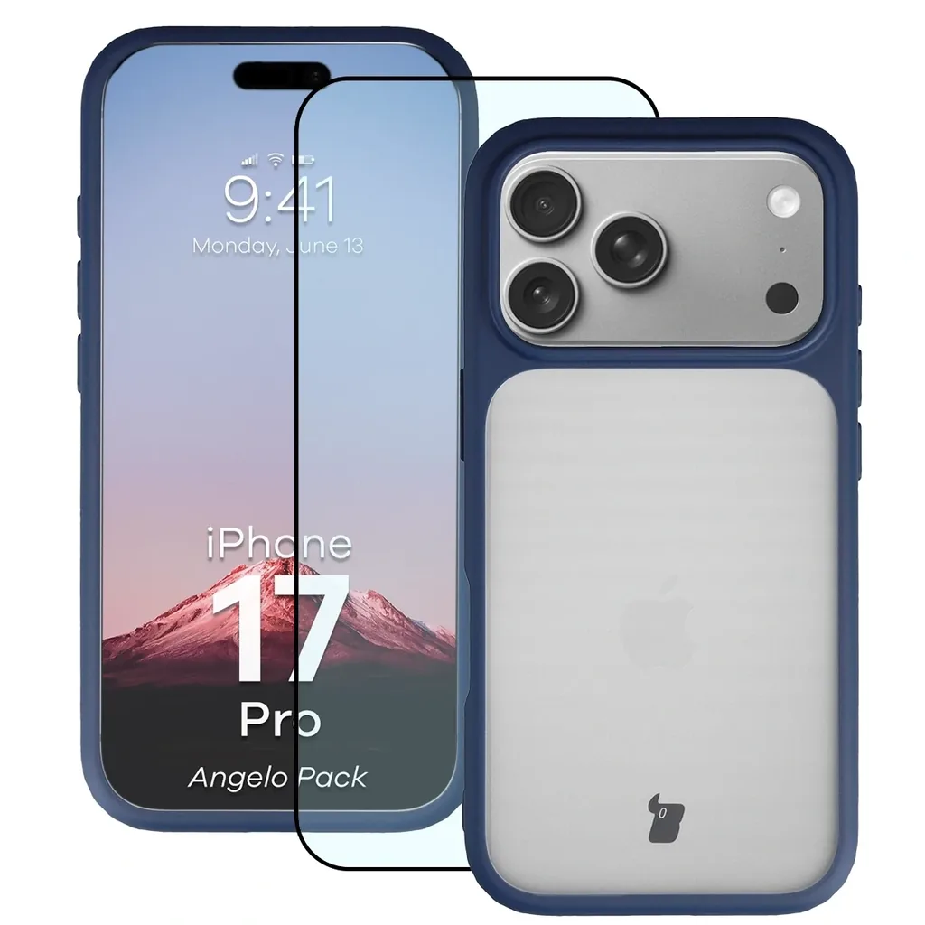 Kryt Bizon Angelo Pack Apple iPhone 17 Pro, smoked with a blue frame