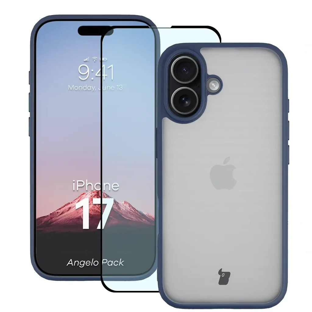 Kryt Bizon Angelo Pack Apple iPhone 17, smoked with a blue frame