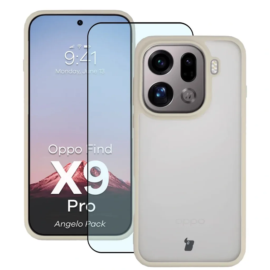 Kryt Bizon Angelo Pack case + tempered glass for Oppo Find X9 Pro, smoked with beige frame