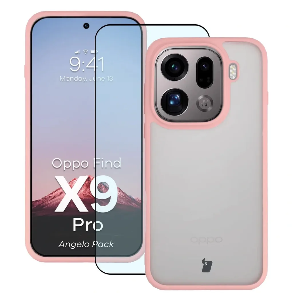 Kryt Bizon Angelo Pack case + tempered glass for Oppo Find X9 Pro, smoked with light pink frame
