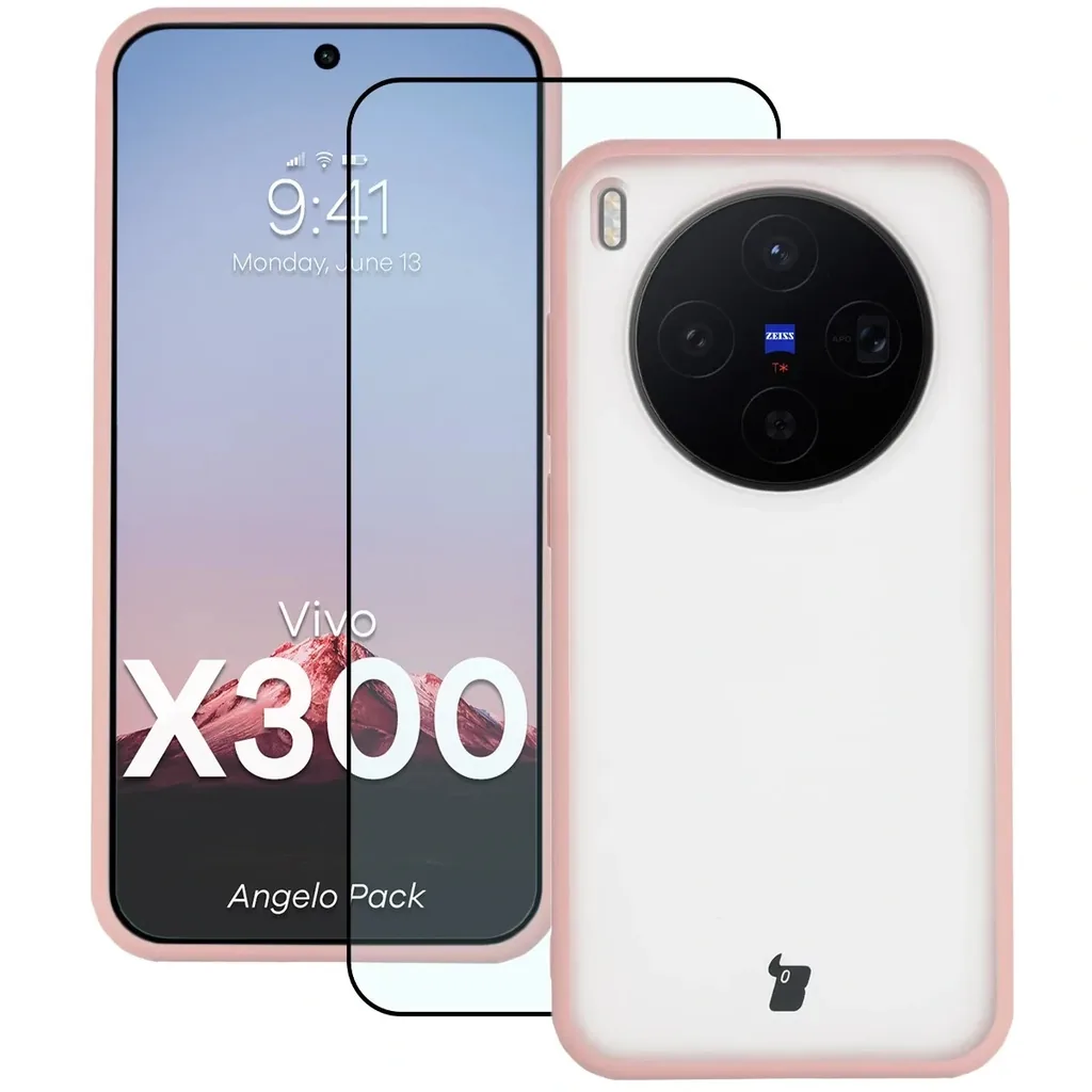 Kryt Bizon Angelo Pack Vivo X300, semi-transparent with a light pink frame