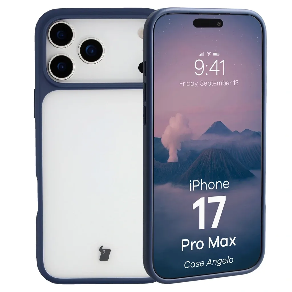Kryt Bizon Case Angelo Apple iPhone 17 Pro Max semi-transparent with a navy blue frame