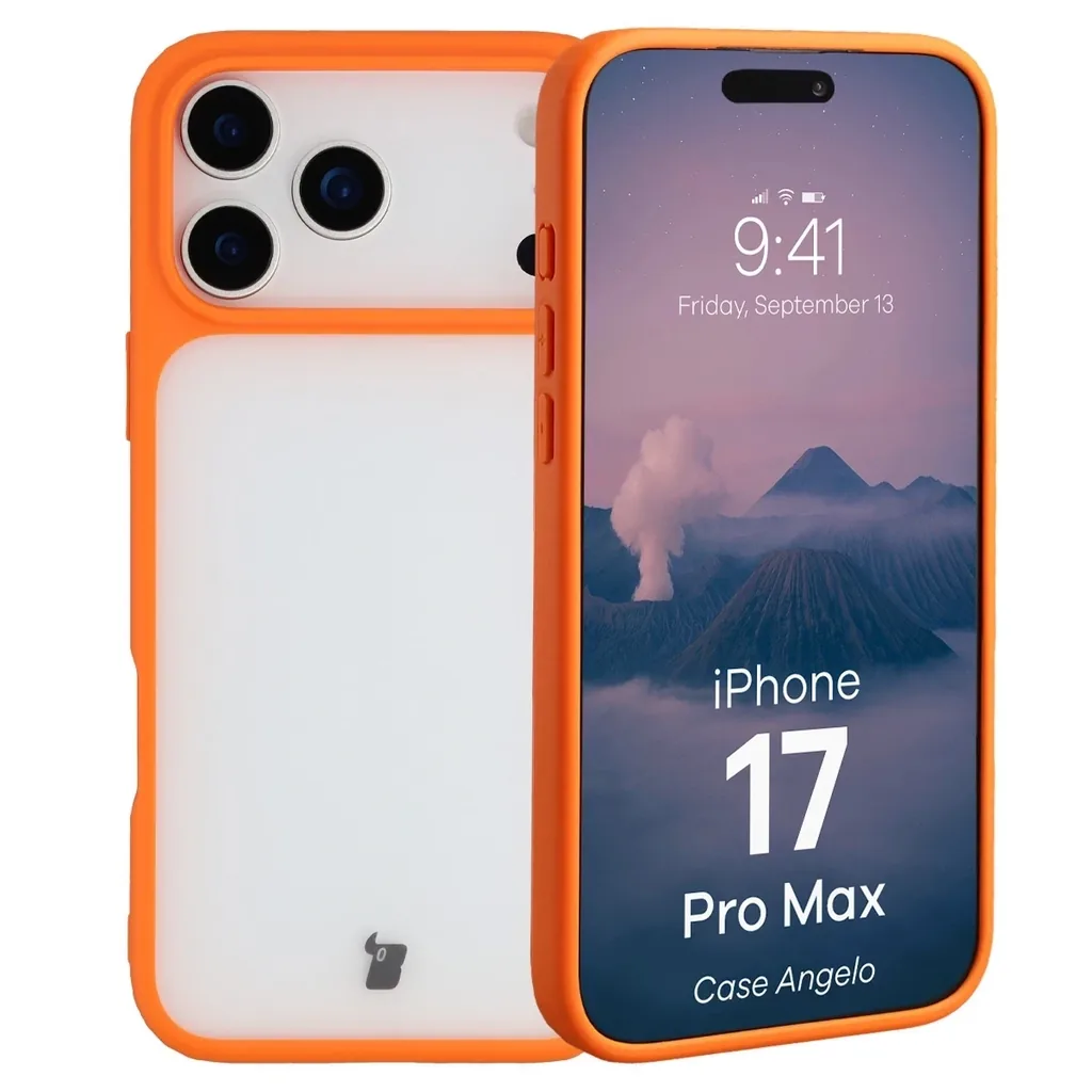 Kryt Bizon Case Angelo Apple iPhone 17 Pro Max semi-transparent with an orange frame