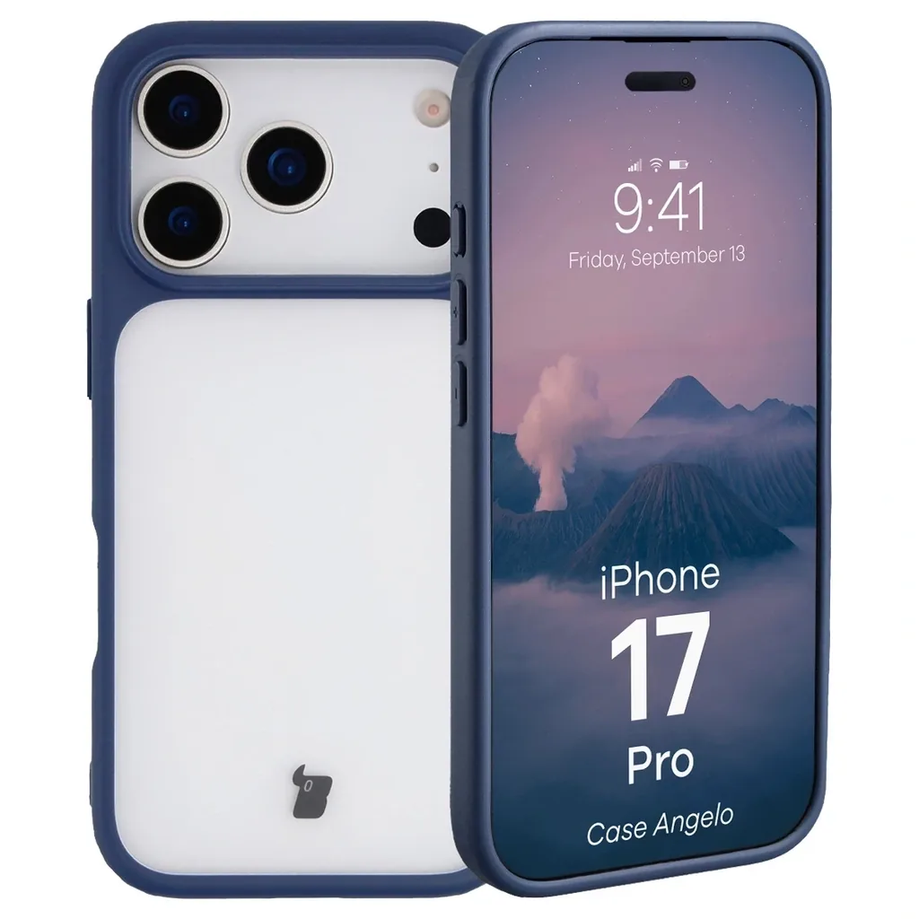 Kryt Bizon Case Angelo Apple iPhone 17 Pro semi-transparent with a navy blue frame