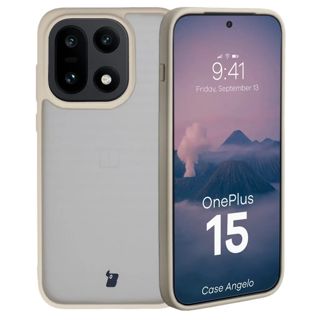 Kryt Bizon Case Angelo OnePlus 15 semi-transparent with a beige frame