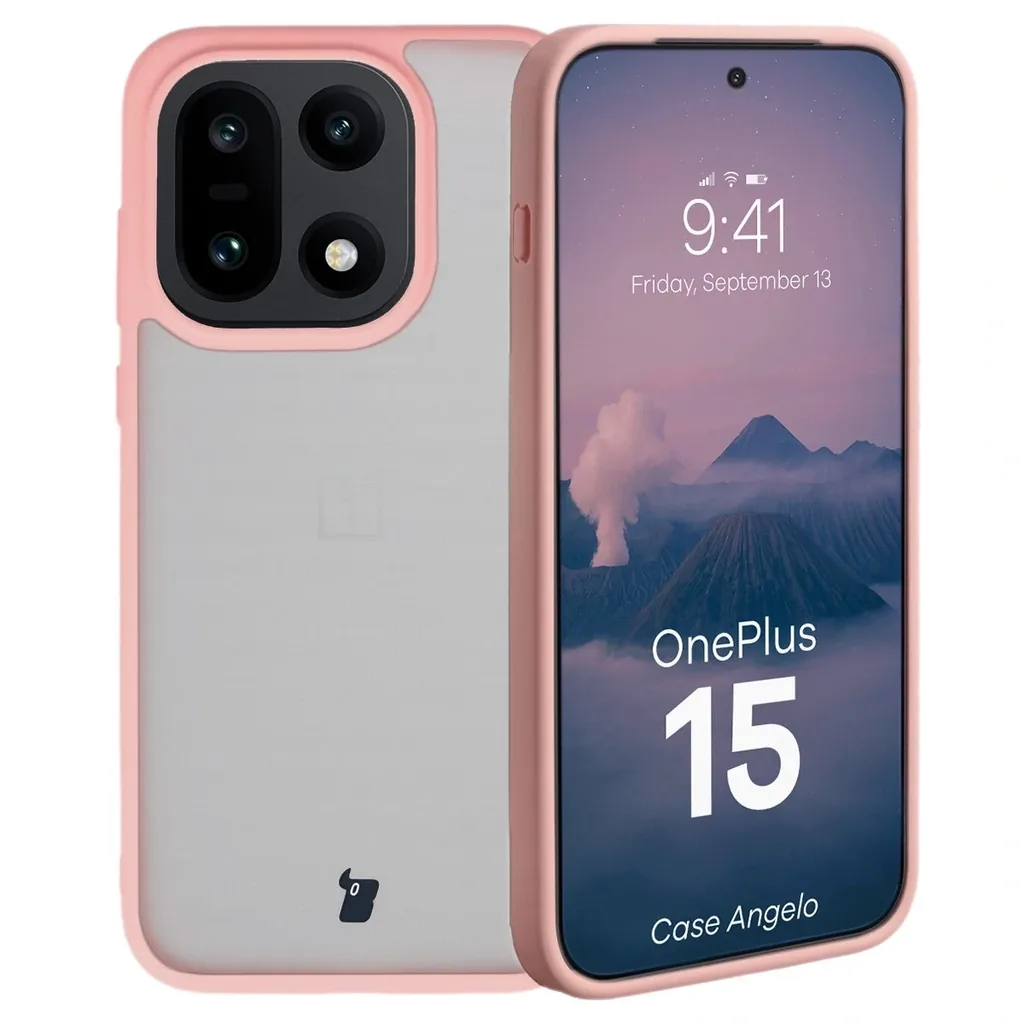 Kryt Bizon Case Angelo OnePlus 15 semi-transparent with a light pink frame