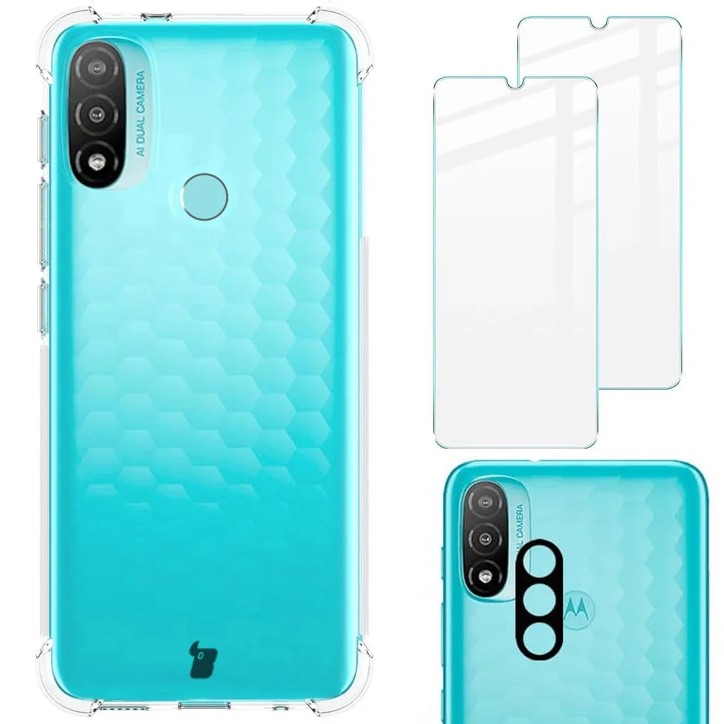 Kryt Bizon Case Clear Pack case + 2x screen glass + lens glass Moto E20 clear