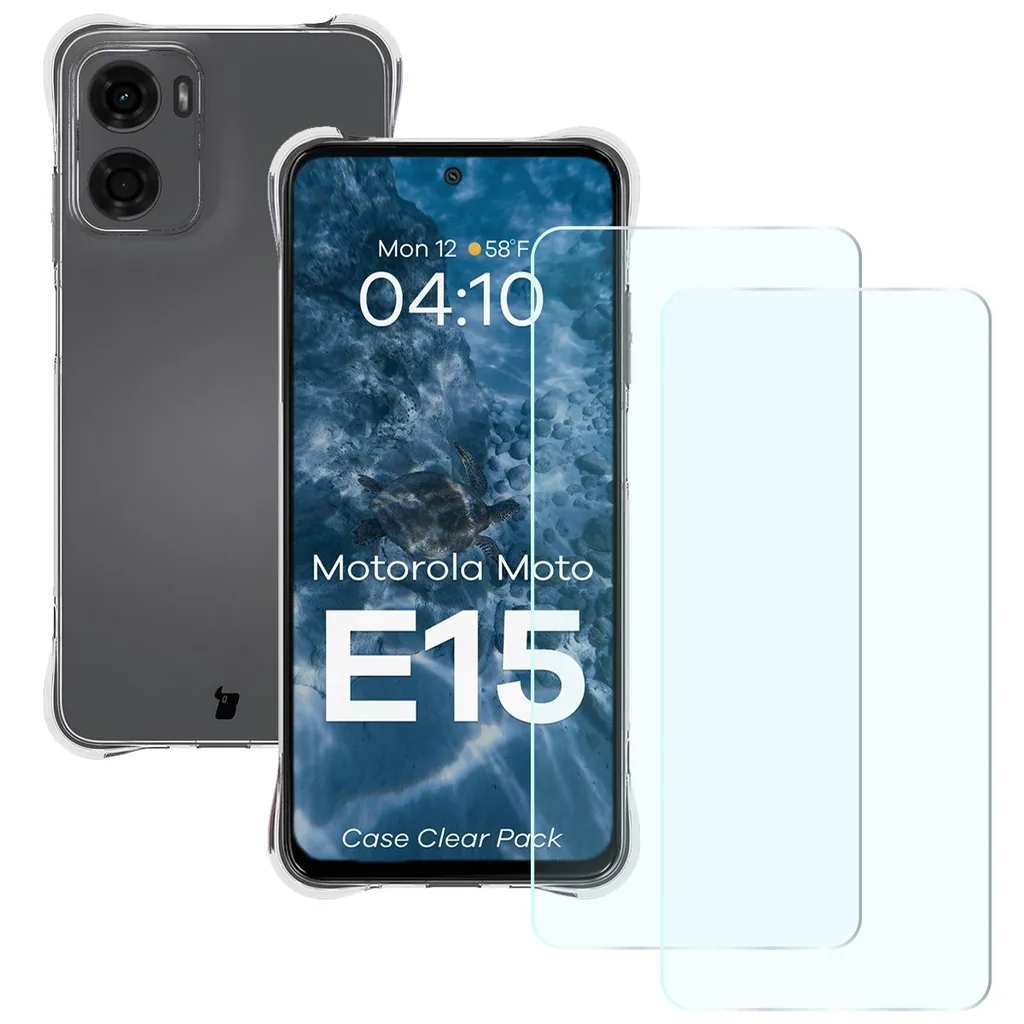 Kryt Bizon Case Clear Pack case + 2x screen glass Motorola Moto E15