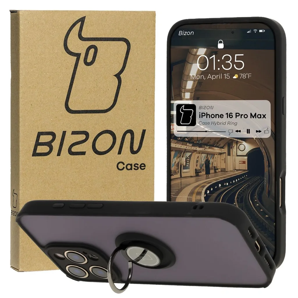 Kryt Bizon Case Hybrid Ring Apple iPhone 16 Pro Max smoky with a black frame