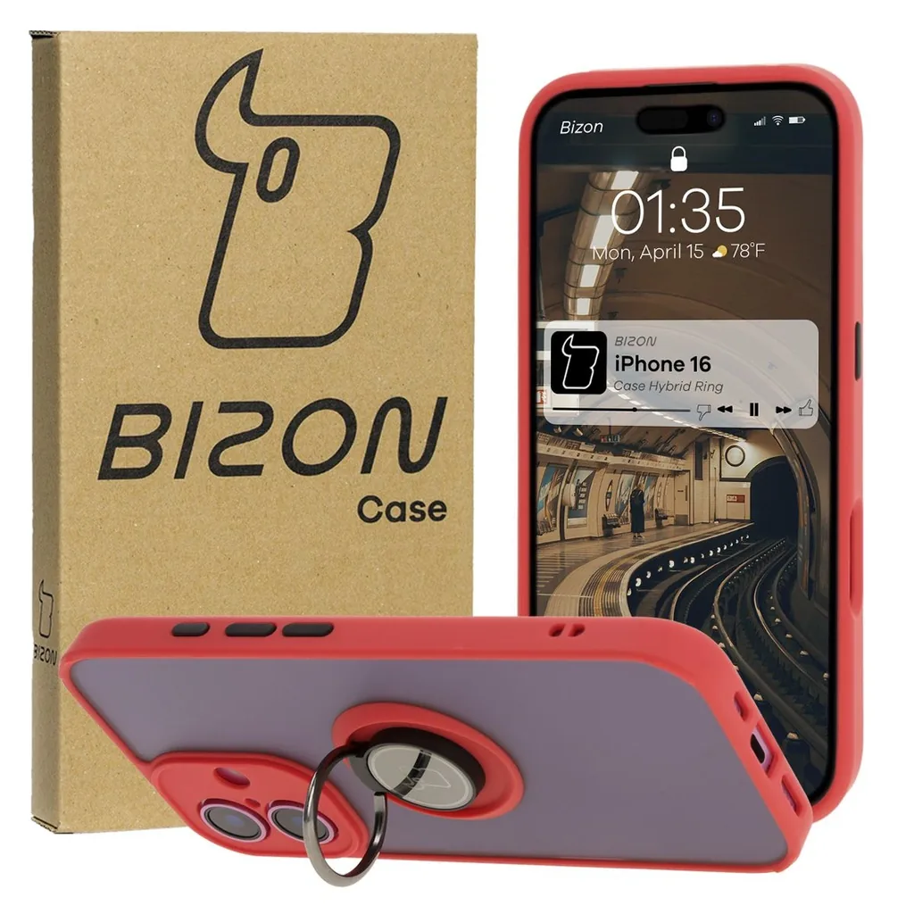 Kryt Bizon Case Hybrid Ring Apple iPhone 16 smoky with a red frame