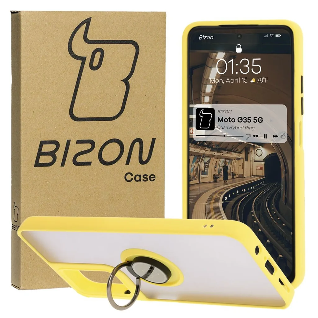 Kryt Bizon Case Hybrid Ring Motorola Moto G35 5G smoky with a yellow frame