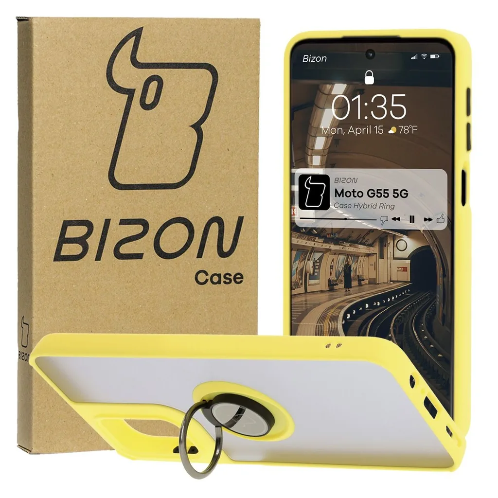 Kryt Bizon Case Hybrid Ring Motorola Moto G55 5G smoky with a yellow frame