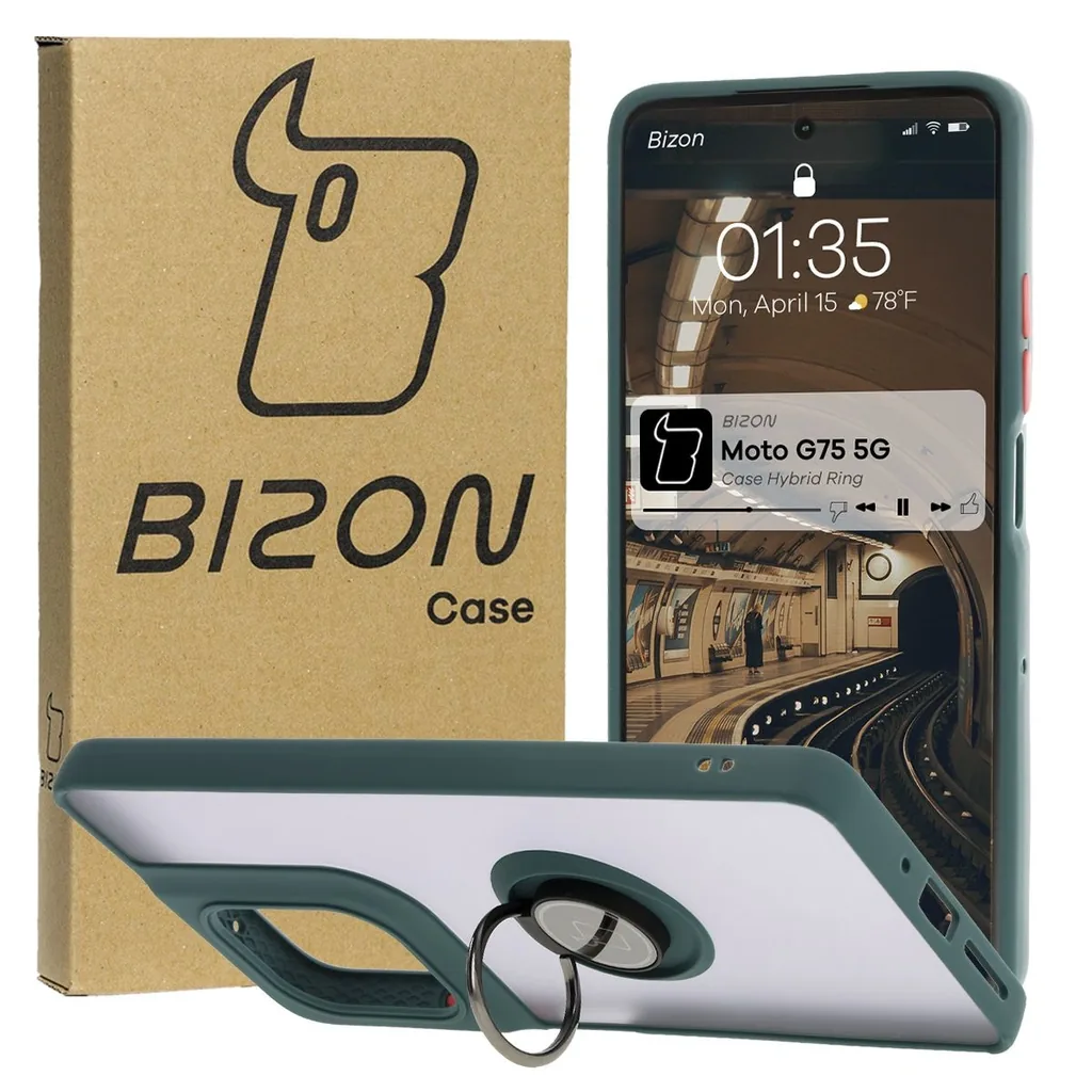 Kryt Bizon Case Hybrid Ring Motorola Moto G75 5G smoky with a dark green frame