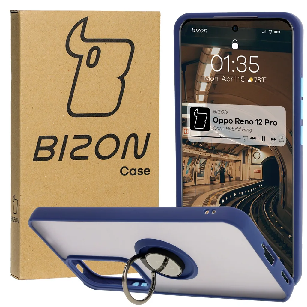 Kryt Bizon Case Hybrid Ring Oppo Reno 12 Pro smoky with a navy blue frame