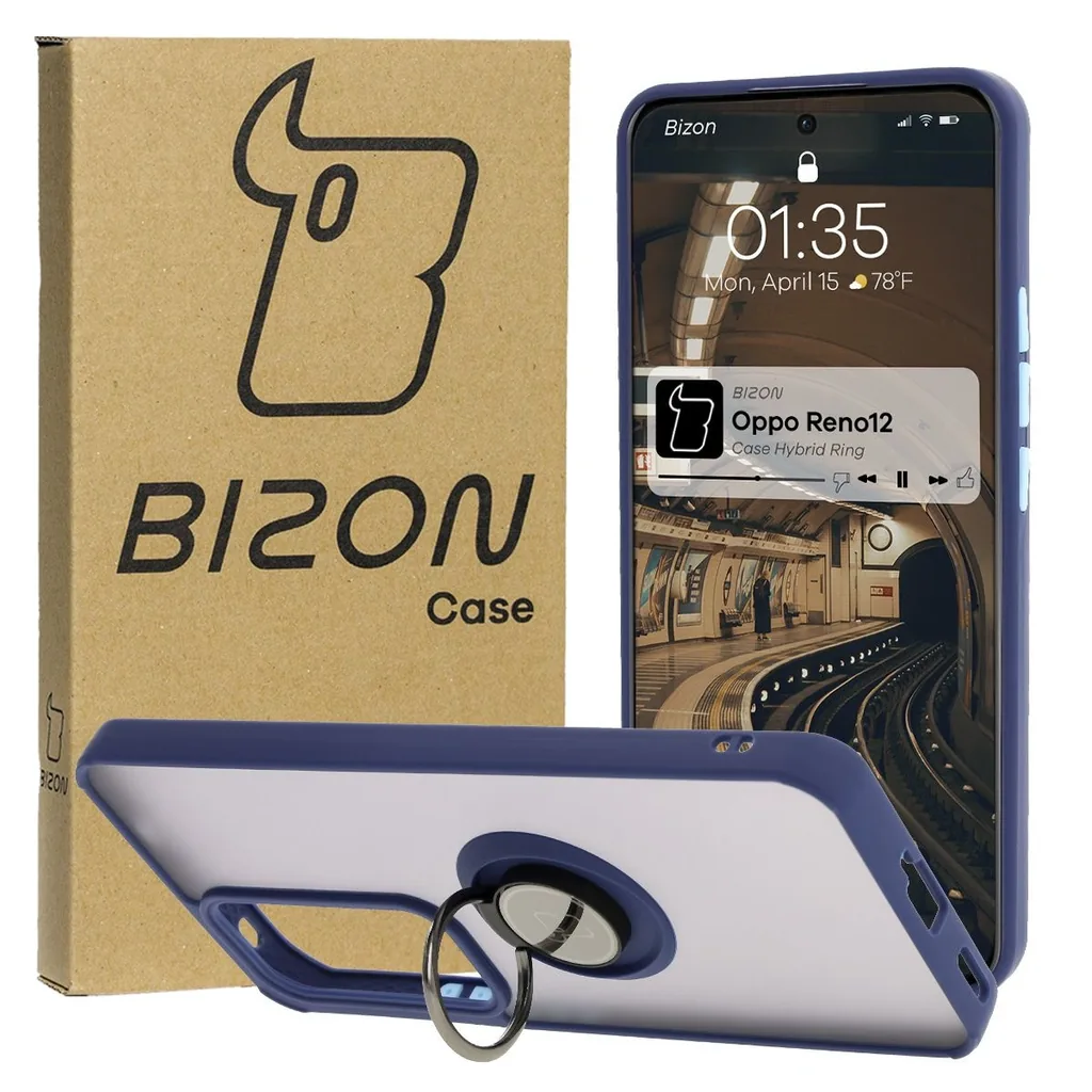 Kryt Bizon Case Hybrid Ring Oppo Reno 12 smoky with a navy blue frame