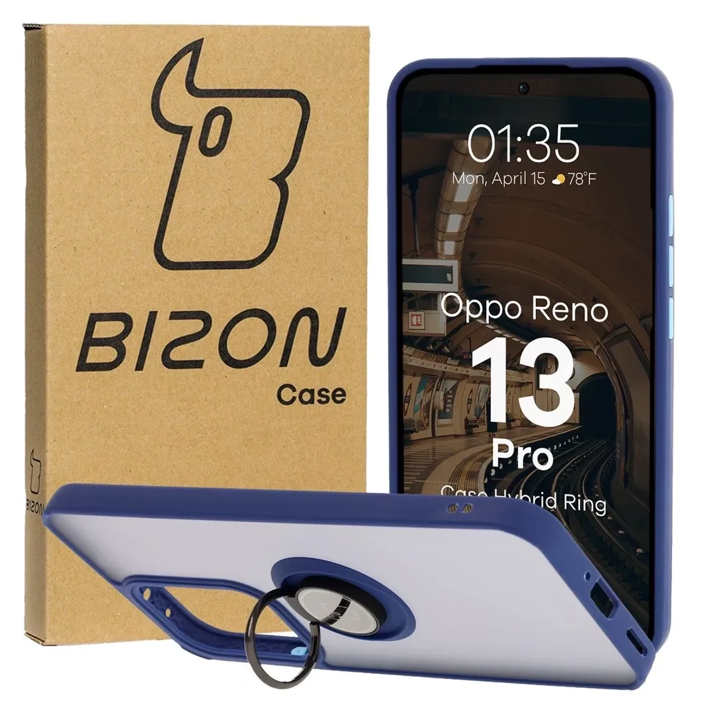 Kryt Bizon Case Hybrid Ring Oppo Reno13 Pro smoky with a navy blue frame
