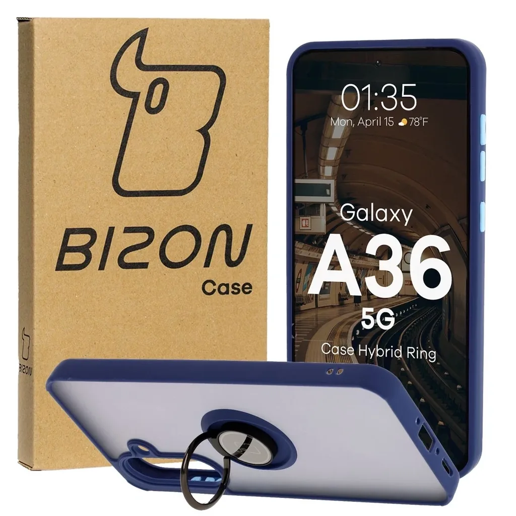 Kryt Bizon Case Hybrid Ring Samsung Galaxy A36 5G smoky with a navy blue frame