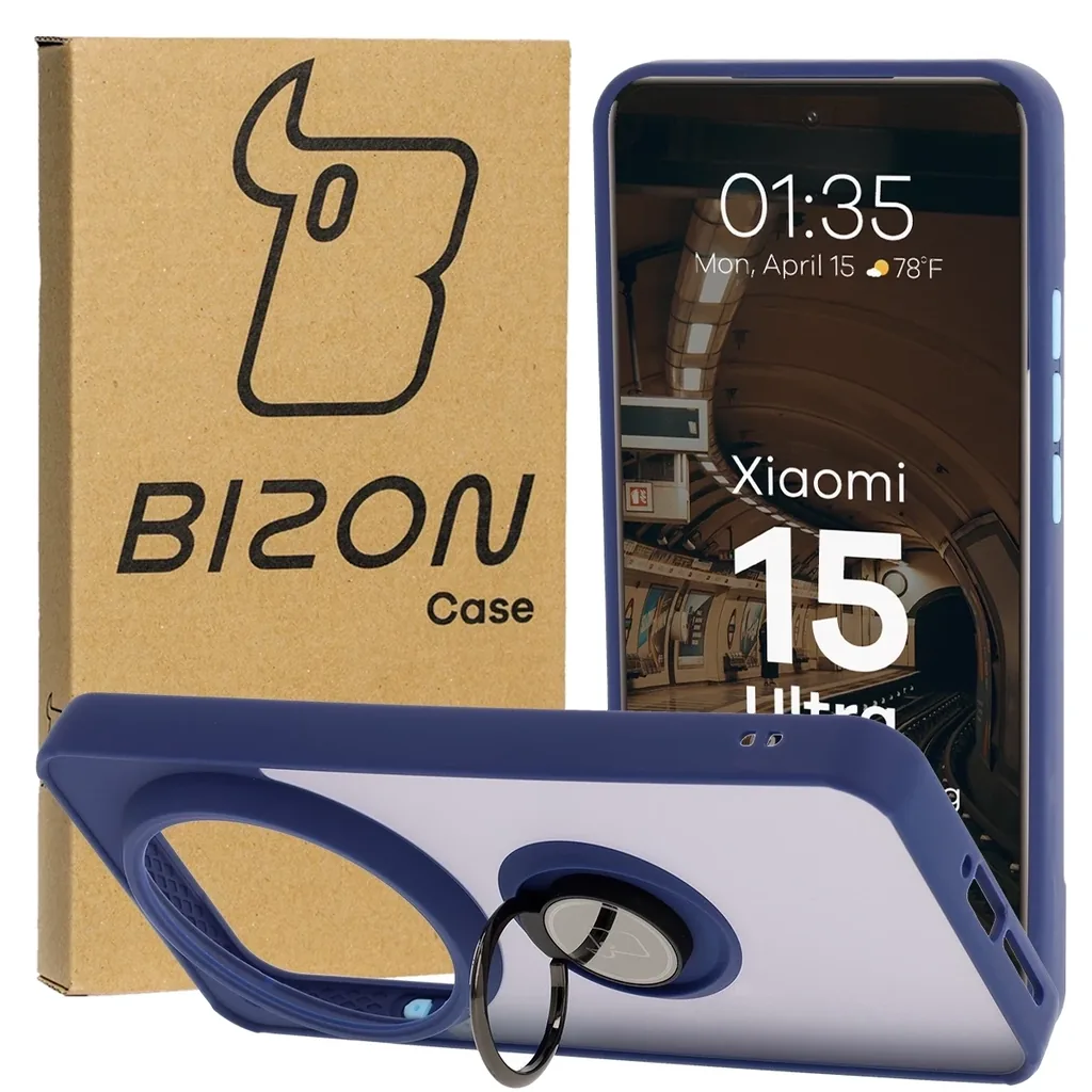 Kryt Bizon Case Hybrid Ring Xiaomi 15 Ultra smoky with a navy blue frame