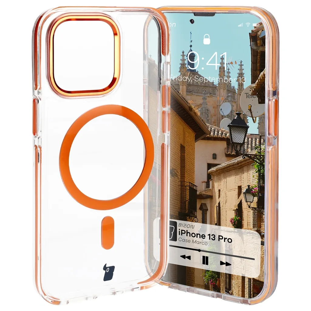 Kryt Bizon Case Marco Apple iPhone 13 Pro clear with orange frame