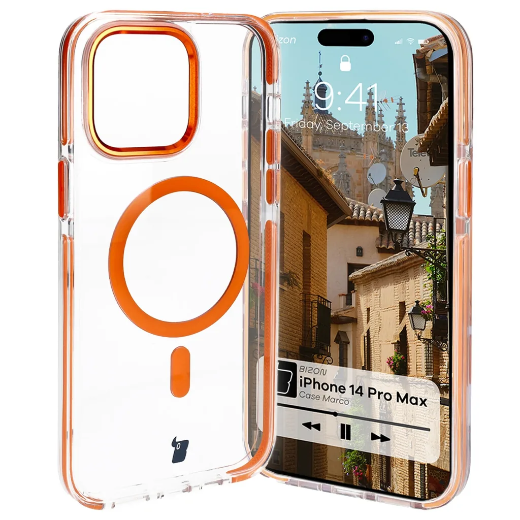 Kryt Bizon Case Marco Apple iPhone 14 Pro Max clear with orange frame