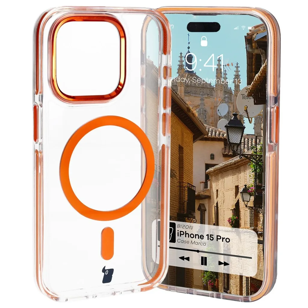 Kryt Bizon Case Marco Apple iPhone 15 Pro clear with orange frame