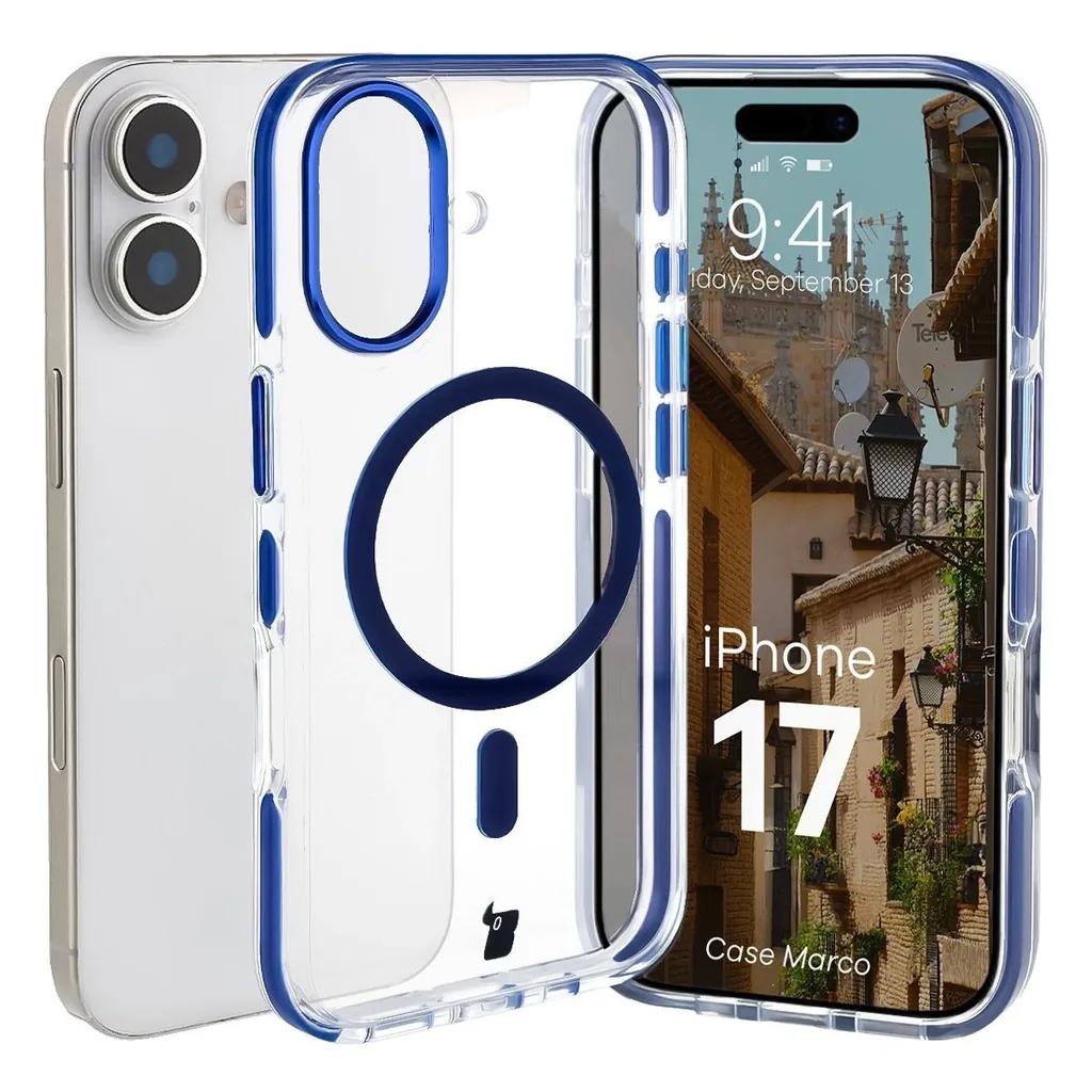 Kryt Bizon Case Marco Magnetic Apple iPhone 17 clear with a blue frame