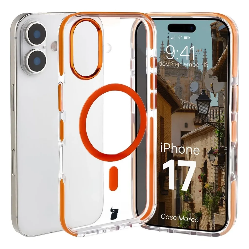 Kryt Bizon Case Marco Magnetic Apple iPhone 17 clear with an orange frame