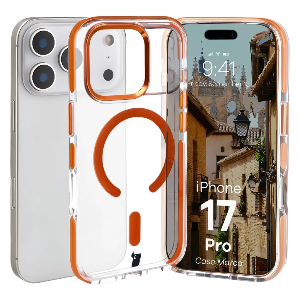 Kryt Bizon Case Marco Magnetic Apple iPhone 17 Pro clear with an orange frame