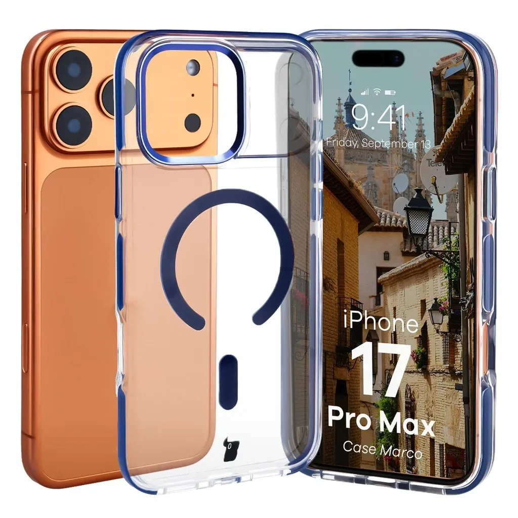 Kryt Bizon Case Marco Magnetic Apple iPhone 17 Pro Max clear with a blue frame