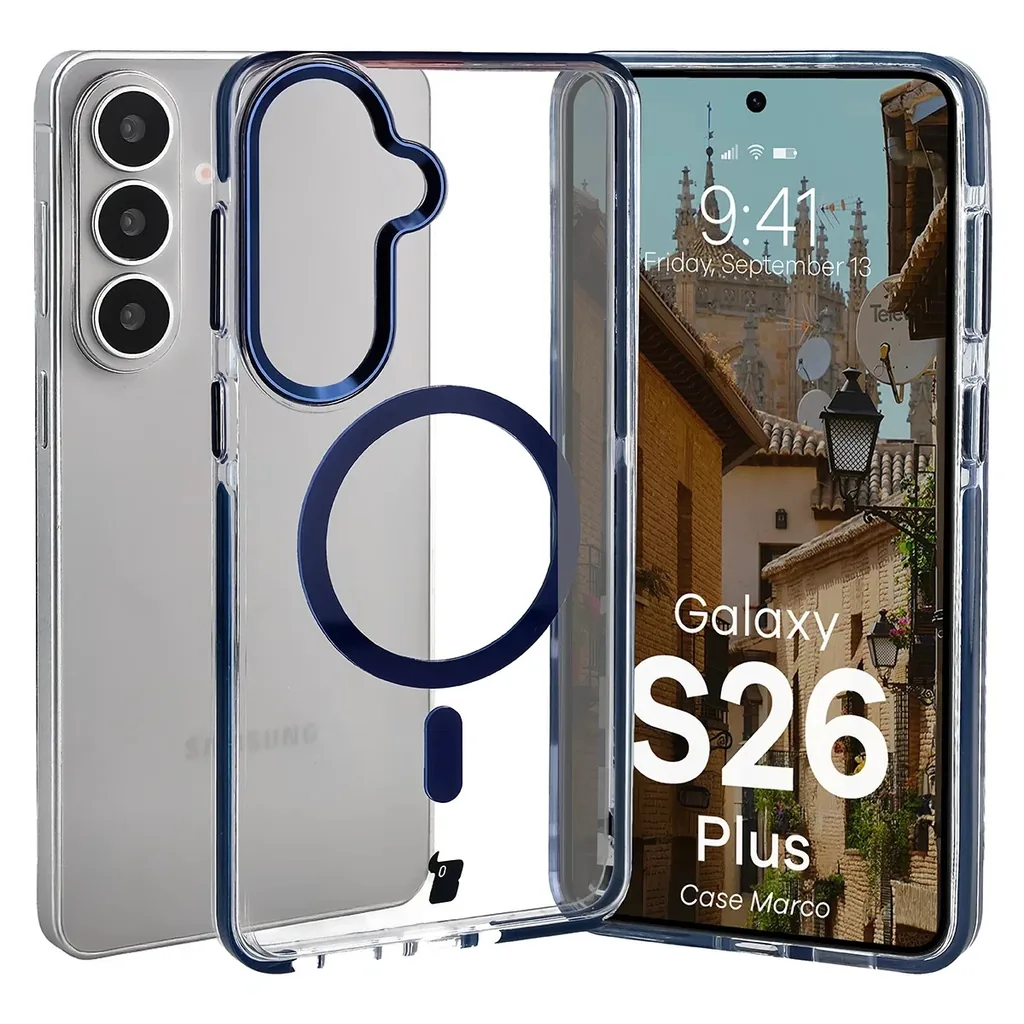 Kryt Bizon Case Marco Magnetic Samsung Galaxy S26 Plus, transparent with a blue frame