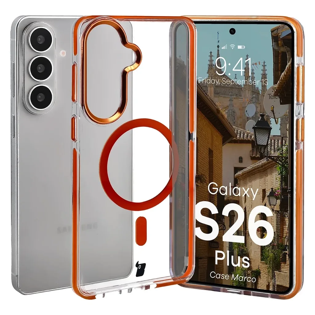 Kryt Bizon Case Marco Magnetic Samsung Galaxy S26 Plus, transparent with an orange frame