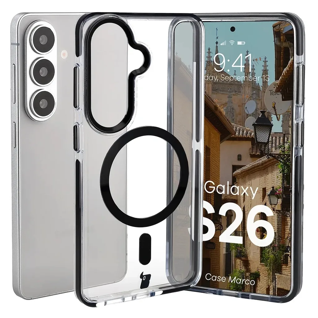 Kryt Bizon Case Marco Magnetic Samsung Galaxy S26, transparent with a black frame