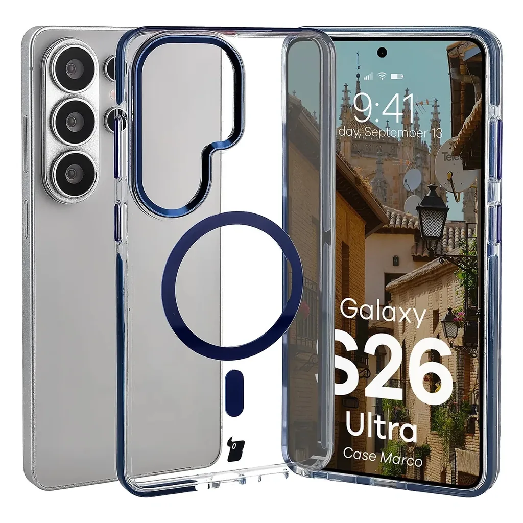 Kryt Bizon Case Marco Magnetic Samsung Galaxy S26 Ultra, transparent with a blue frame