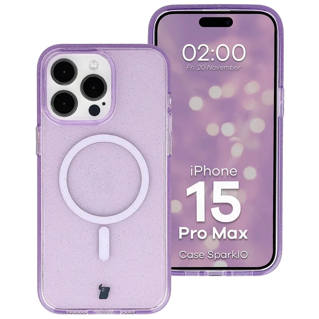 Kryt Bizon Case SparklO Magnetic Apple iPhone 15 Pro Max, transparent purple with glitter