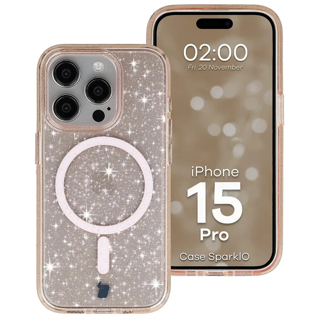 Kryt Bizon Case SparklO Magnetic Apple iPhone 15 Pro, translucent-orange with glitter