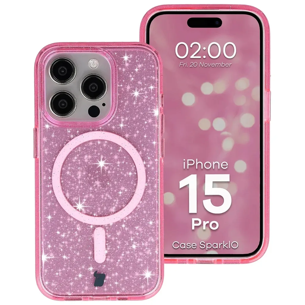 Kryt Bizon Case SparklO Magnetic Apple iPhone 15 Pro, translucent-pink with glitter